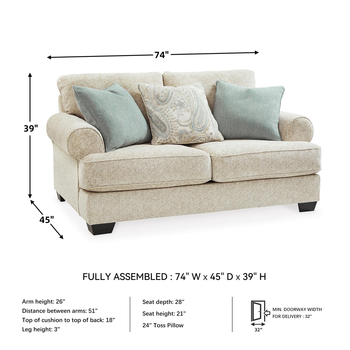 Signature Design by Ashley Monaghan Vintage Loveseat with Accent Pillows, Reversible Cushions and Rolled Arms, Beige