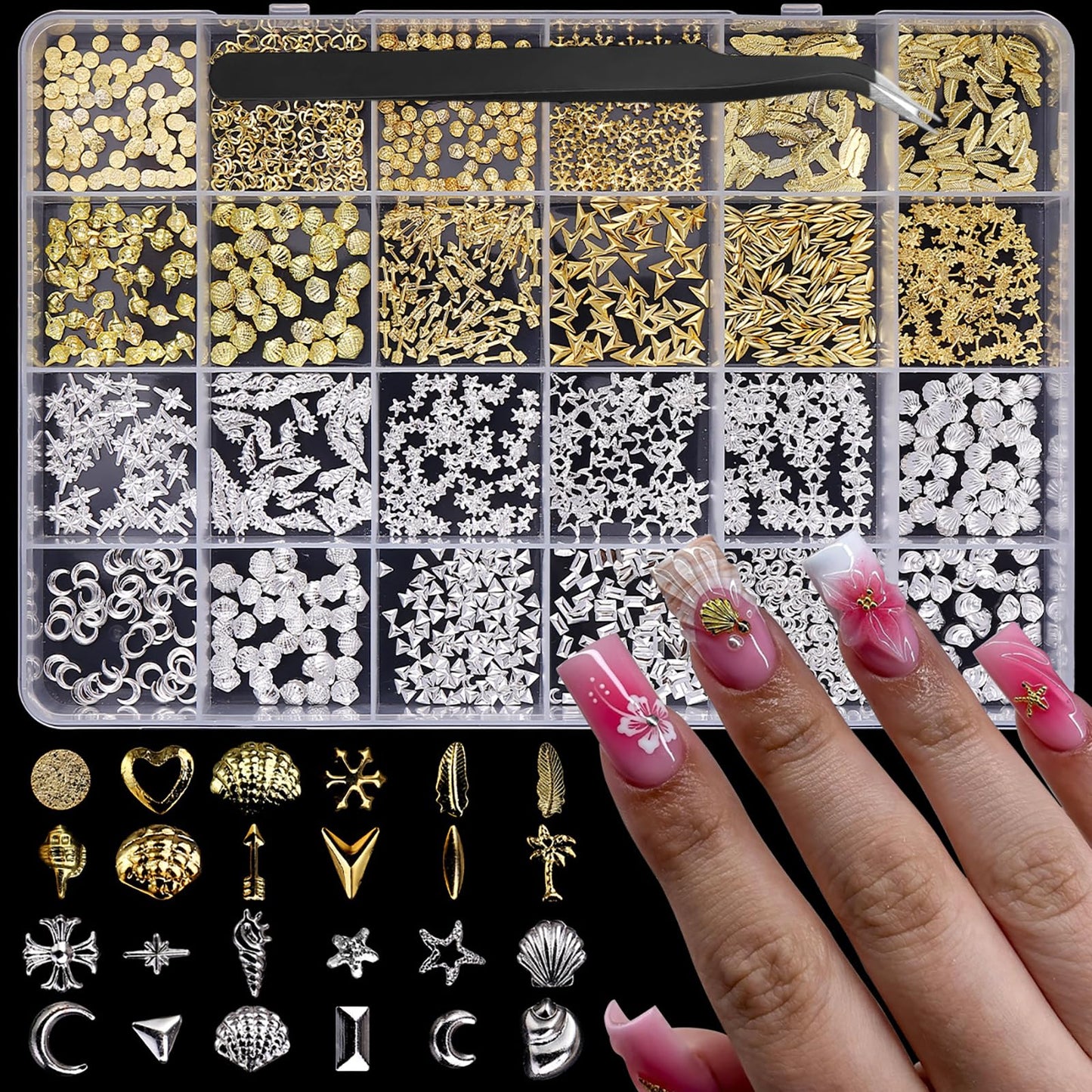 Gold Silver Nail Charms 3D Alloy Flower Nail Gems Metal Moon Star Nail Jewels Multi-Shapes Ocean Beach Starfish Seashell Leaf Nail Art Supplies with Tweezer for Women DIY Acrylic Nail 24 Grids 1 Box