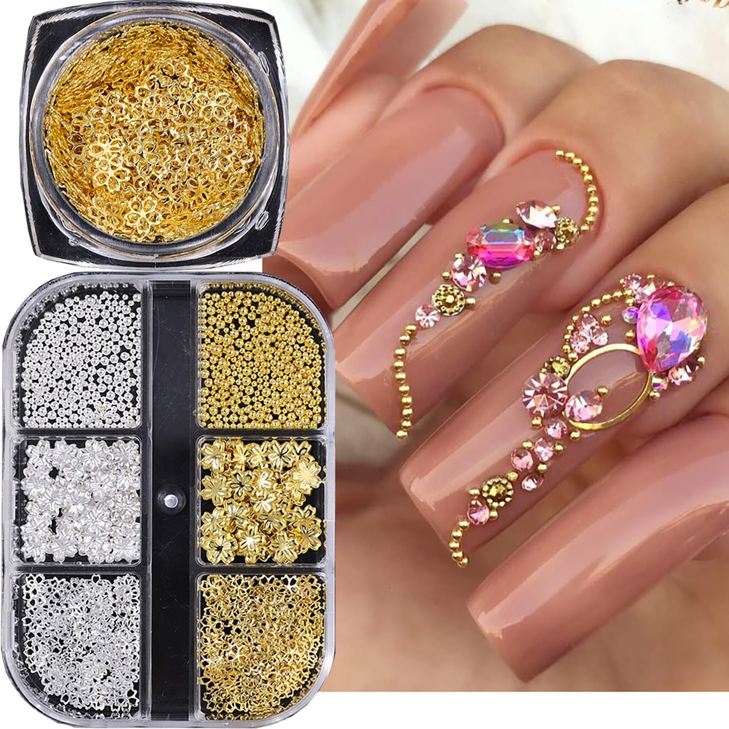 CJDLTS 6 Grids Flowers Nail Decoration, Gold Silver 3D Flower Nail Art Decorations, Metal Cherry Flower Studs with Beads Hollow Flowers Sequins for Women Acrylic Nails DIY Manicure