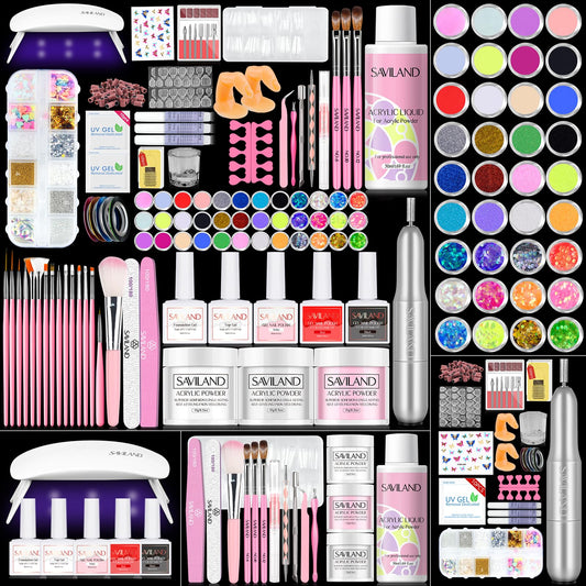 SAVILAND Acrylic Nail Kit with Drill: Professional Acrylic Nail Set for Beginners with Everything U V Light 3 Colors Gel Polish Decorations Nails Tools for Home Salon Use Christmas Gift Set