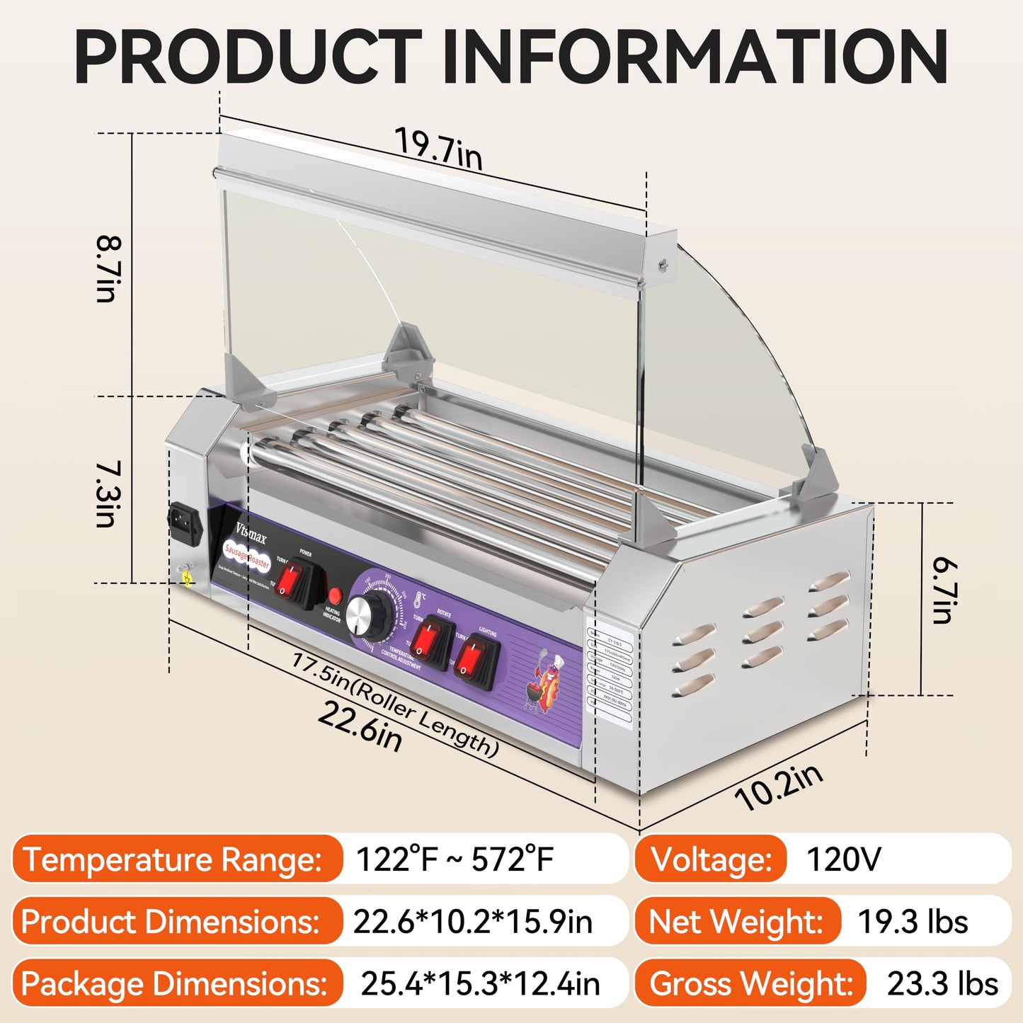 Commercial Hot Dog Roller 5 Rollers, 304 Stainless Steel, 12 Hot Dogs Capacity, 760W Fast Heating, Removable Oil Drip Tray, for Party, Home & Food Truck