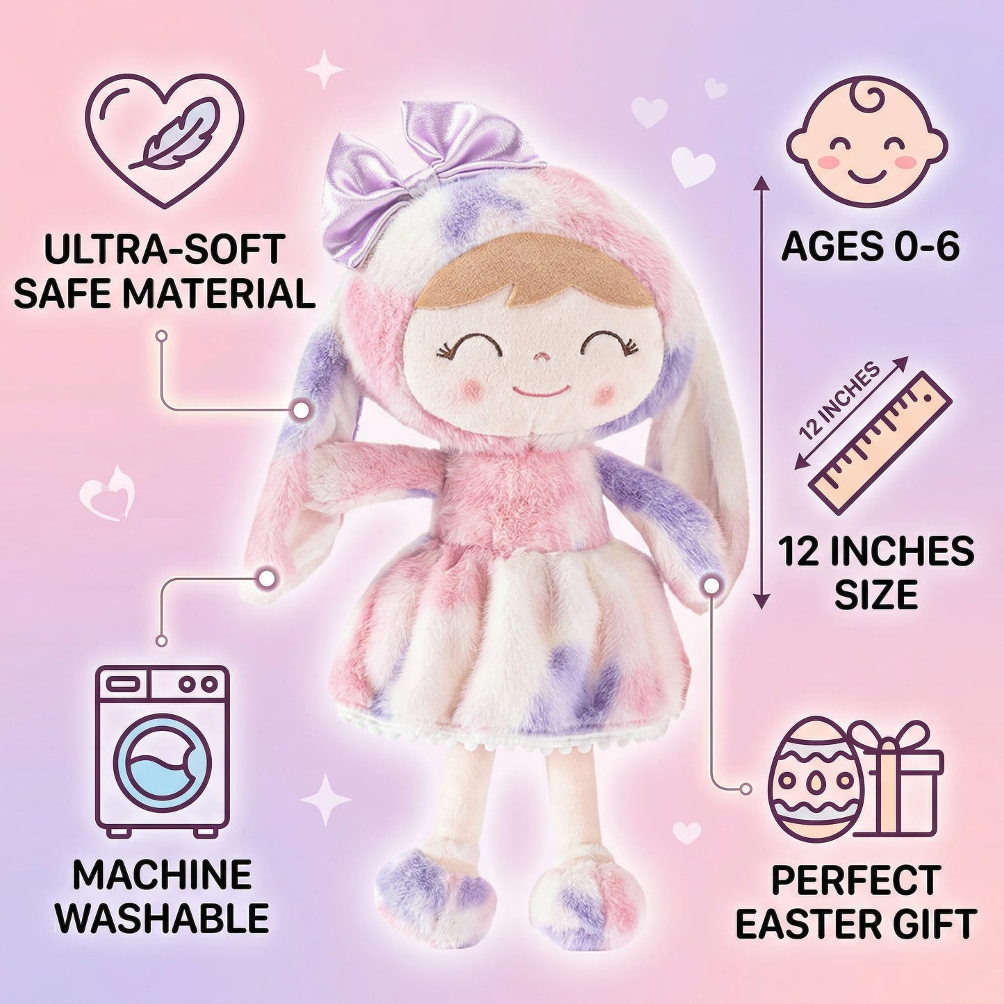 Gloveleya Easter Bunny Gift Baby Girl Gift Plush Bunny Dolls First Baby Doll Toddlers Rabbit Toy Bunny Gifts for Girl Tie-Dye Purple 12 Inches