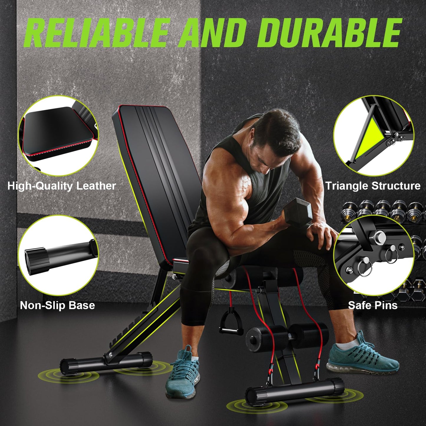 FitinOne Adjustableb Weight Bench for Home Gym, Foldable Bench Press for Full Body Workout, 660 lbs Incline Decline Bench with Fast Folding