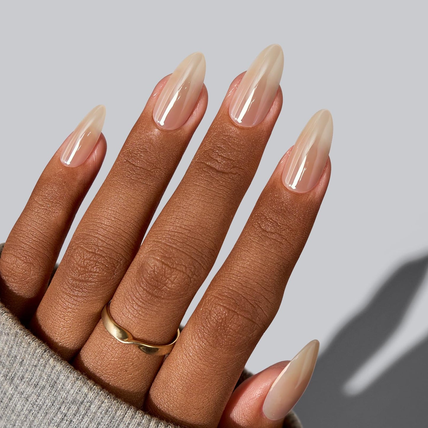 BTArtbox Press On Nails Medium Almond - Press on Nails Chrome Nails, Light Weight & Fit Perfectly Fake Nail with Nail Glue, Nude Glue On Nails in 16 Sizes, Glazed Donut