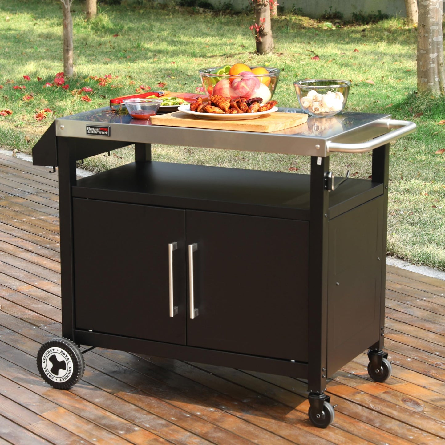 Grills House Outdoor Grill Cart with Wheels, Movable Kitchen Island with Storage Cabinet for BBQ, Stainless Steel Dining Cart Table for Food Prep, Black, PC3403S-SC