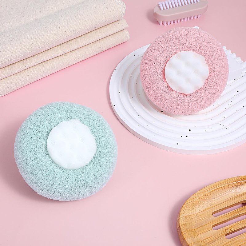 Ptwola 2 Pcs Soft Sunflower Suction Cup Bath Ball Bath Body Brush Exfoliating Mesh Bath Sponge Cleaning Scrubber Bath Sponge Brush with Comfortable Non-Slip Handle (Blue + Purple)