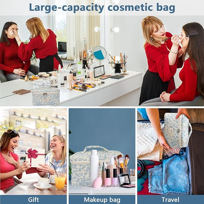 Gosect Large Travel Quilted Makeup Bag for Women,Big Floral Cotton Cosmetic Bag, Cute Coquette Aesthetic Floral Toiletry Organizer Bag (Pink pattern)