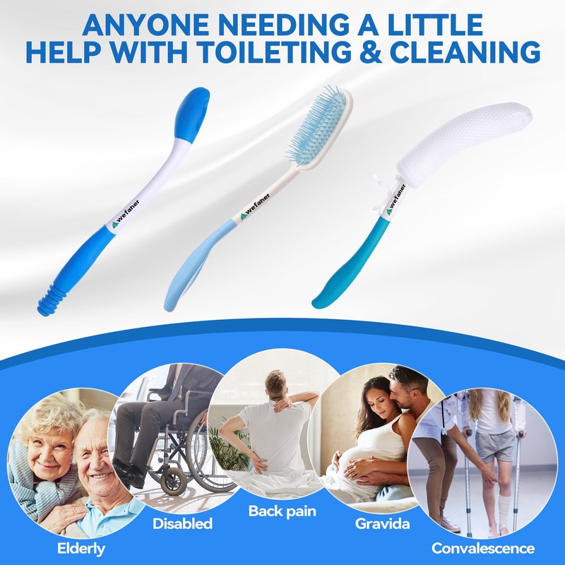 Wefaner Toilet Aids Set for Wiping - Long Handle Butt Wiper, Anti-Slip Curved Handle Bath Body Brush and Curve Hair Brush for People Overweight, Elderly and Disabled People（3PCS Personal Hygiene Kit)
