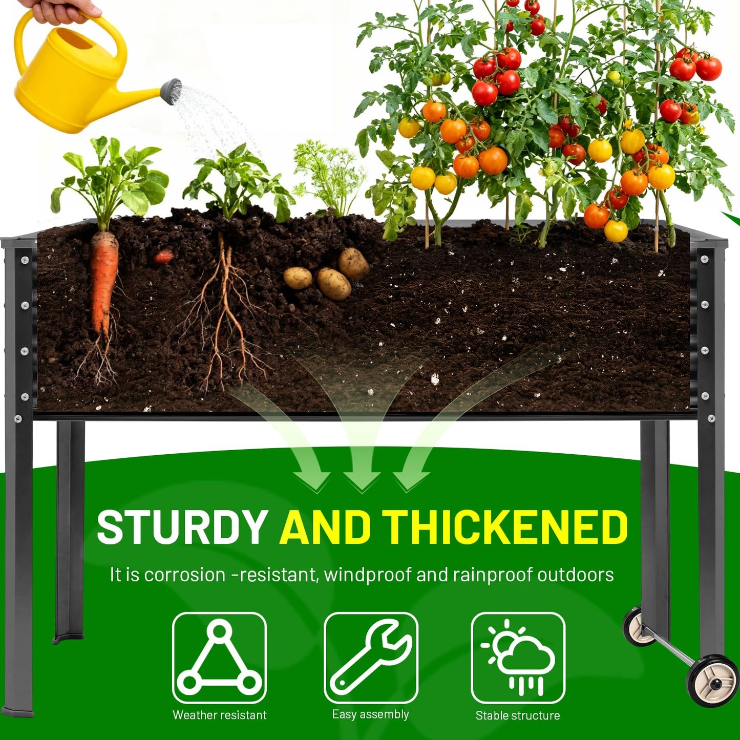 Land Guard 2 Pack Galvanized Raised Garden Bed with Legs & Wheels, 48×18×32in Metal Elevated Raised Planter Box for Backyard, Patio, Balcony, 500lb Capacity, Dark Grey