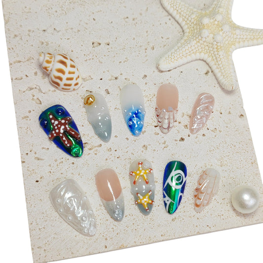 Almond Press on Nails Handmade Medium Long/Stiletto 3D Flower Fake Nail with Designs, Women Reusable False Nails (Ocean Starfish, S)