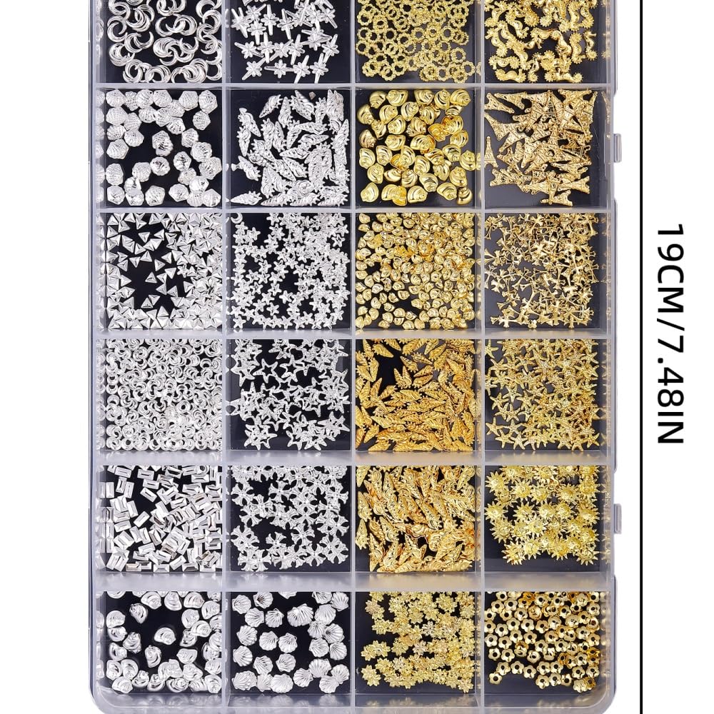 Gold Silver Nail Charms 3D Alloy Flower Nail Gems Ocean Beach Starfish Seashell Nail Jewels Multi-Shapes Metal Sun Moon Star Nail Art Supplies with Tweezer for Women DIY Acrylic Nail 24 Grids 1 Box