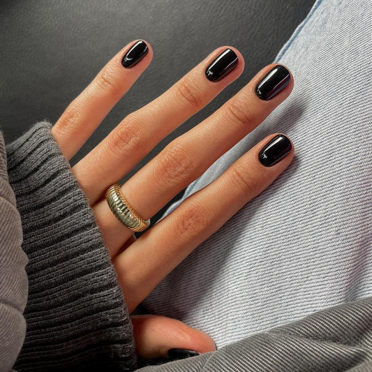KQueenest Black Press on Nails Short Square, Glazed Gel Nails Press on Acrylic Nails Pure Color, Fake Nails Glue on, Petite Reusable Stick on Nail for Women Winter Decoration 24 Pcs