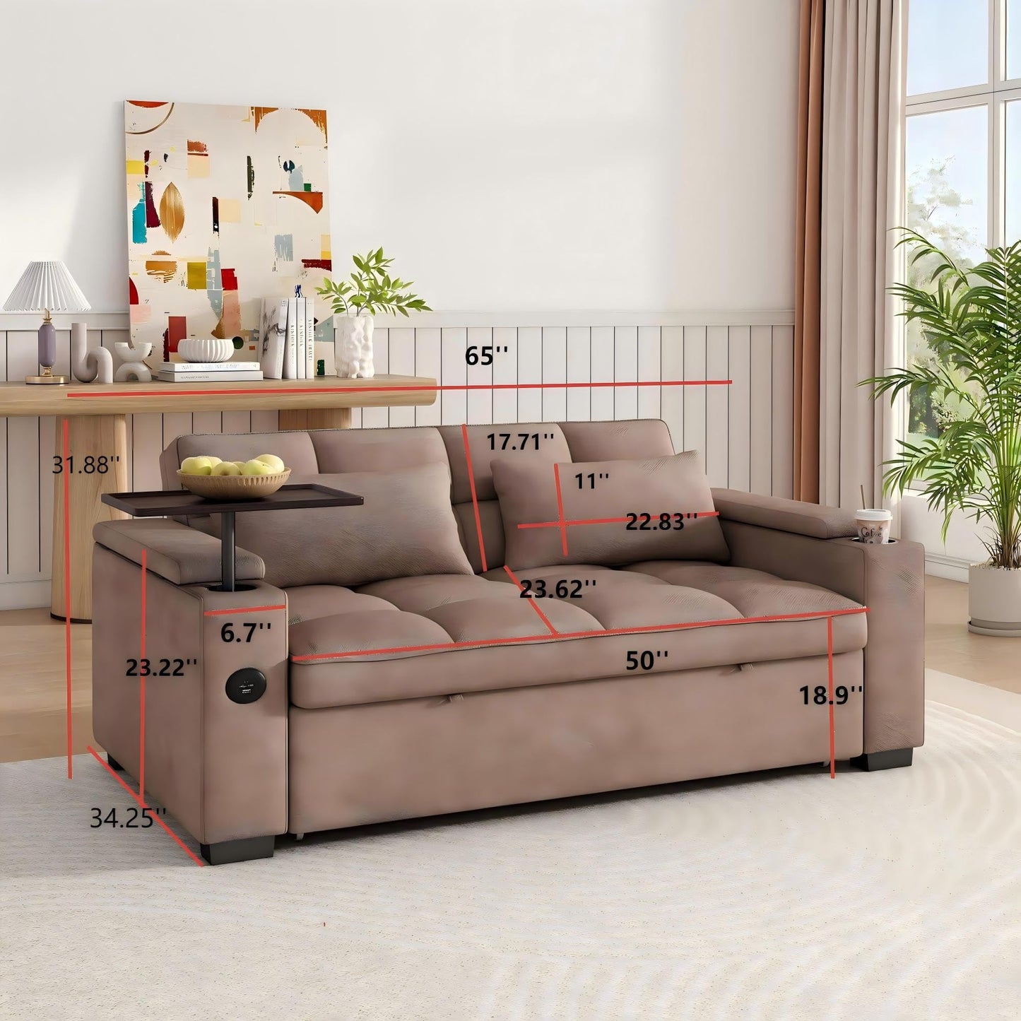 KEIKI 65" 3-in-1 Convertible Sofa Bed, Compact Sleeper Couch with Pull-Out Design, Rotating Side Table, USB Charging Ports & Storage Armrests for Guest Room & Small Spaces