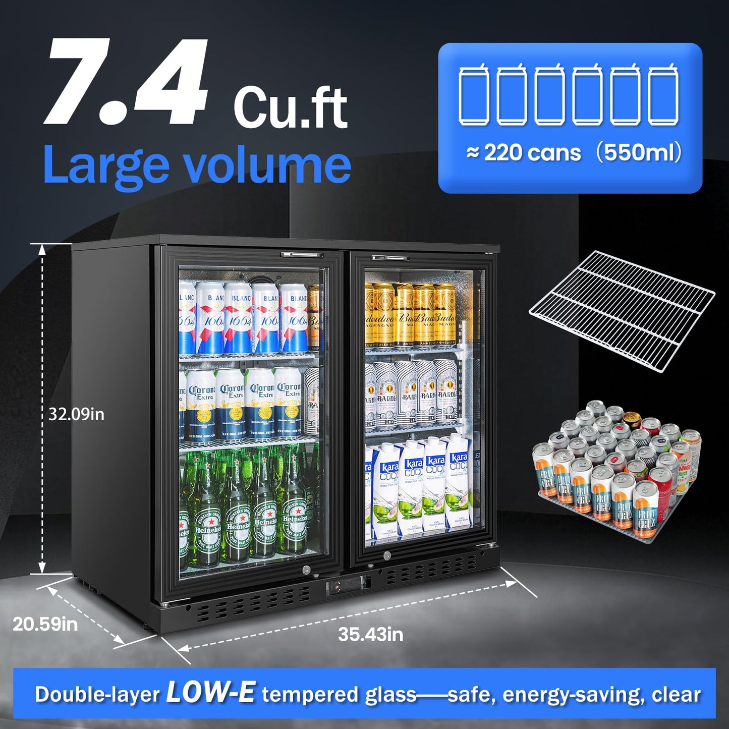 BINGERMA Back Bar Cooler with 2 Glass Doors Commercial Under Counter Beverage Refrigerator 7.4 Cu.ft. ETL Black Drink Fridges for Bar,Office,Convenience Stores