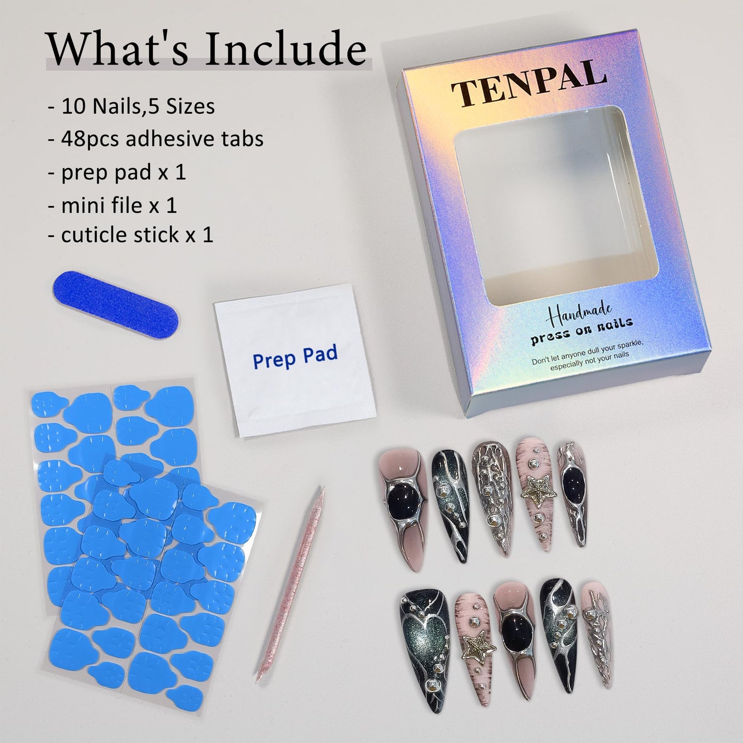 TENPAL Pink Black Press on Nails Long Stiletto,Metal Gothic Fake Nails with Punk Stars Beads,Cat Eye Glitter Edgy Y2K Ins False Nails with Tools,Sweet Grunge Irregular 3D Handmade Nails 10pcs(XS)
