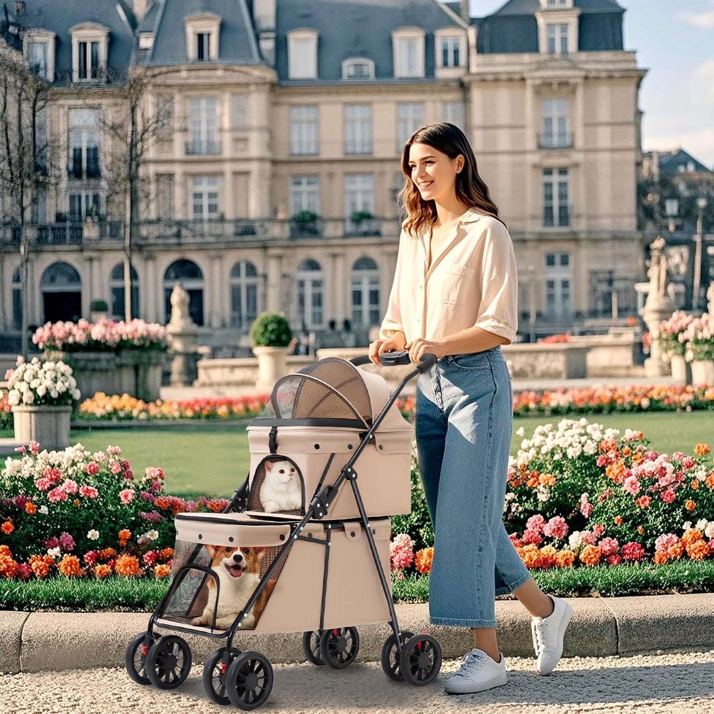 Double Pet Stroller for Medium Small Dogs and Cats with 2 Carriage, Durable Universal Wheels with Brakes Lightweight One Hand Foldale Kittens Puppies Travel Strolling Cart (Brown)