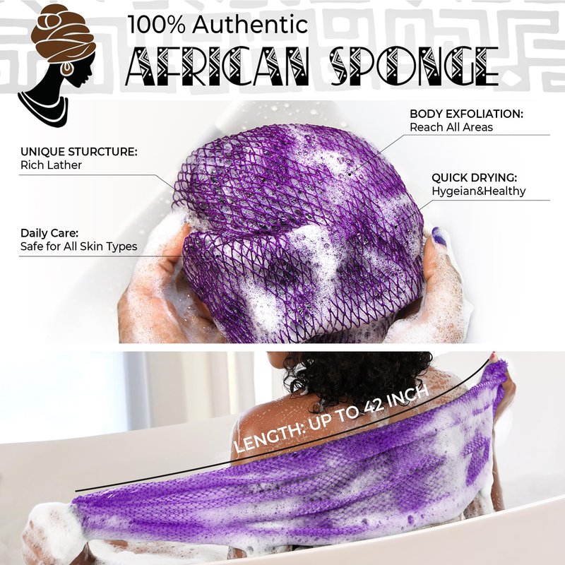 African Net Sponge Authentic - 2 Pieces Exfoliating Body Scrubber Bath Sponge - Back Scrubber Washcloth for Shower White&Purple - Real African Scrub Exfoliator Body Care Bathing Accessorie