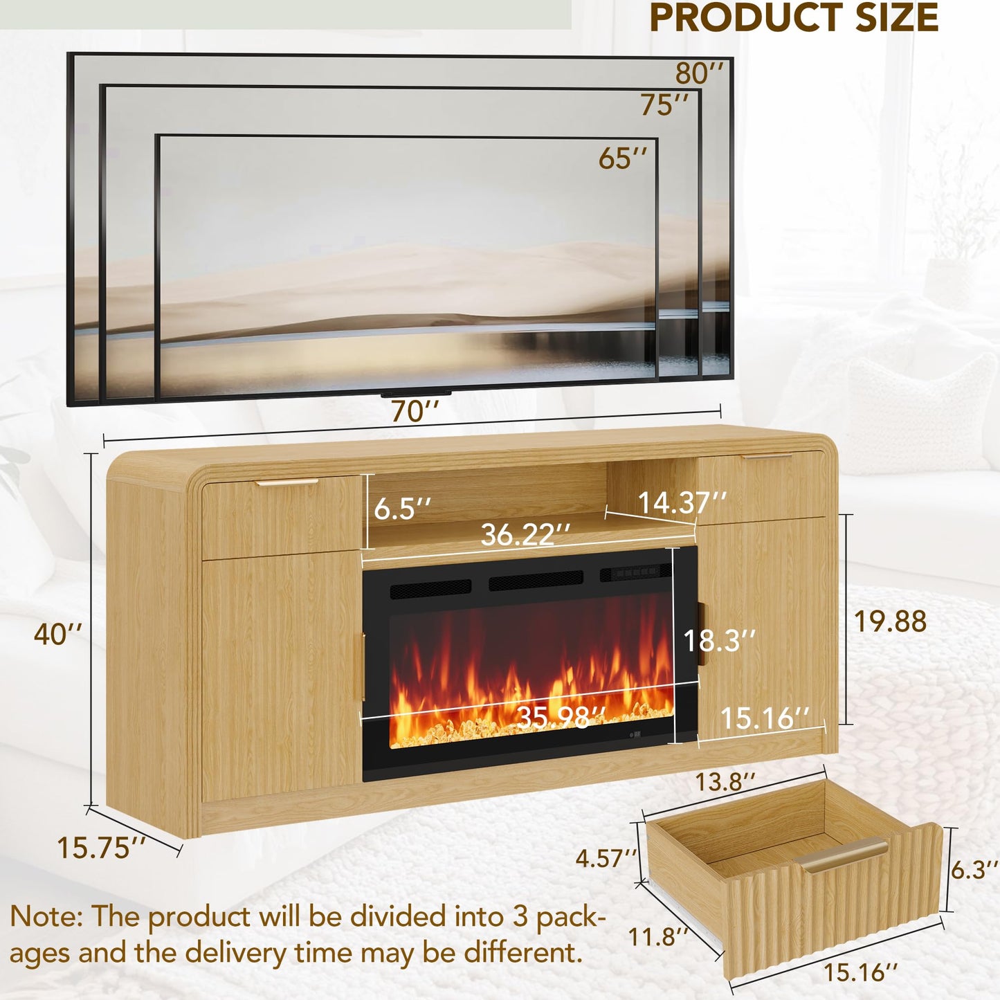 Decofy 70" Fluted Fireplace TV Stand for 80" TV, TV Console Cabinet with Wavy Grain Doors & Adjustable Shelves, Remote & Touch Control Adjustable LED Light, Flame Colors&Temperature for Living Room