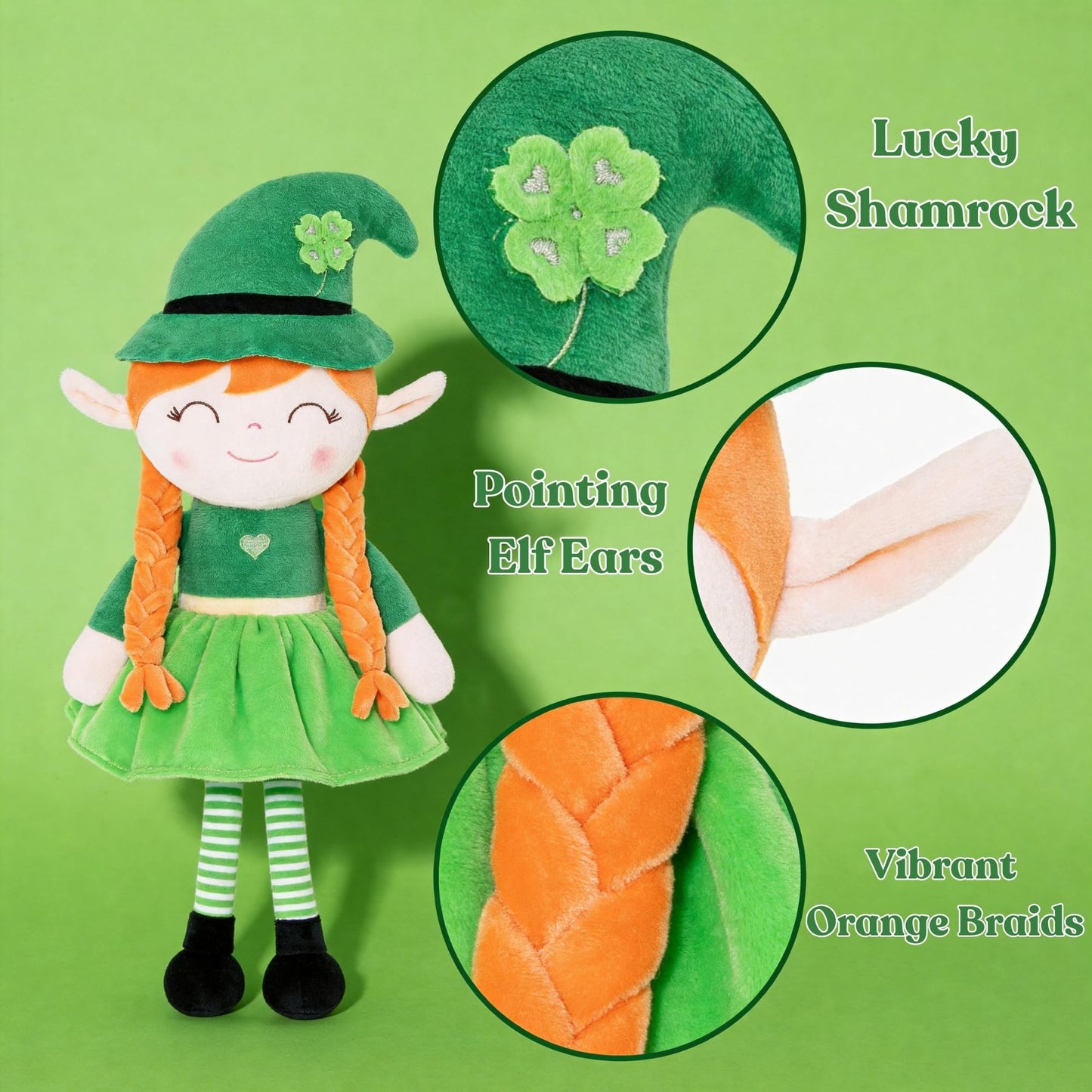 Gloveleya Plush Dolls Saint Patrick's Day Gifts Soft Blessings Doll Shamrock Wishes Plush Leprechaun Baby Girl Gifts