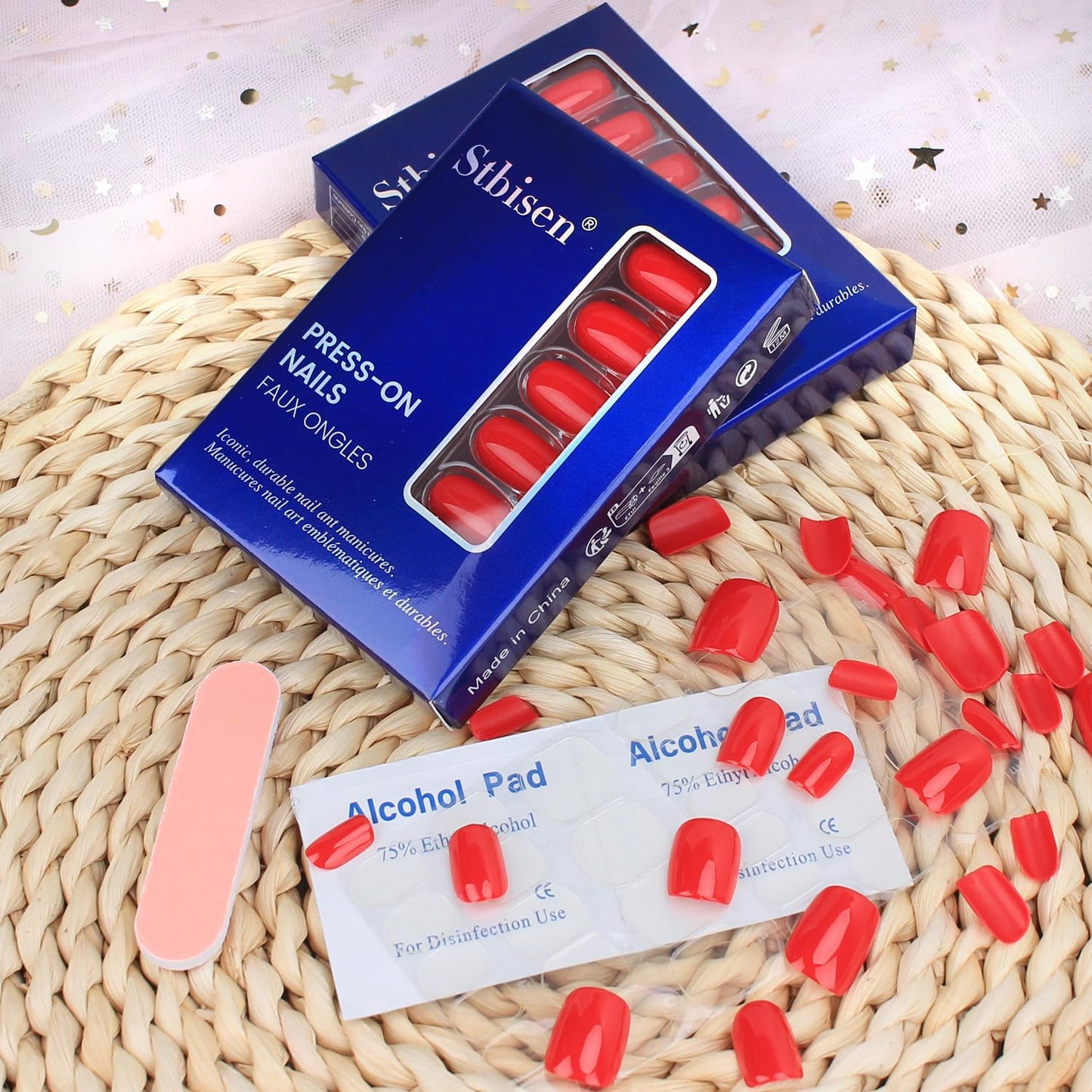 Stbisen True Red Press on Nails Short Square, Soft Gel Fake Nails Kit, Fashion Reusable Thick Natural Glue On Nails for Women Gift, Suitable for Work, Office Settings, and Everyday Wear, 30Pcs
