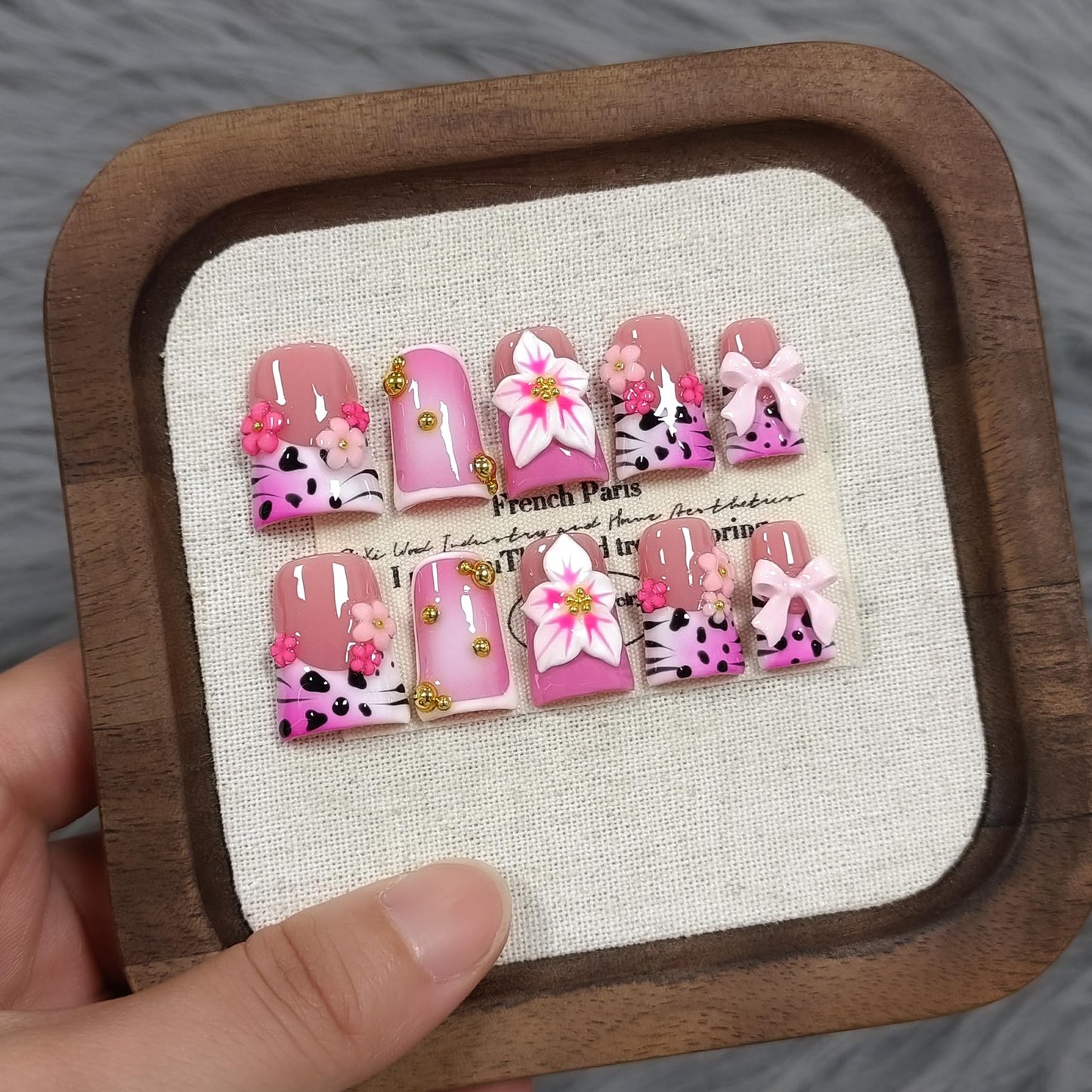 TENPAL 10Pcs Ballerina Press On Nails With Tools,Animal Print Flushed French Tips Glue on Nail with Gold Beads,3D Bow Flowers Designs Fake Nails,Glitter Sweet Punk Acrylic Duckbill Coffin Nails(M)