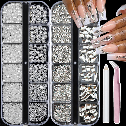 SEMATA White Nail Art Pearls Charms Silver Clear Nail Gems Flatback Nails Rhinestones Pearls Half Round Silver Nails Beads Art Accessories Decoration Design for Women