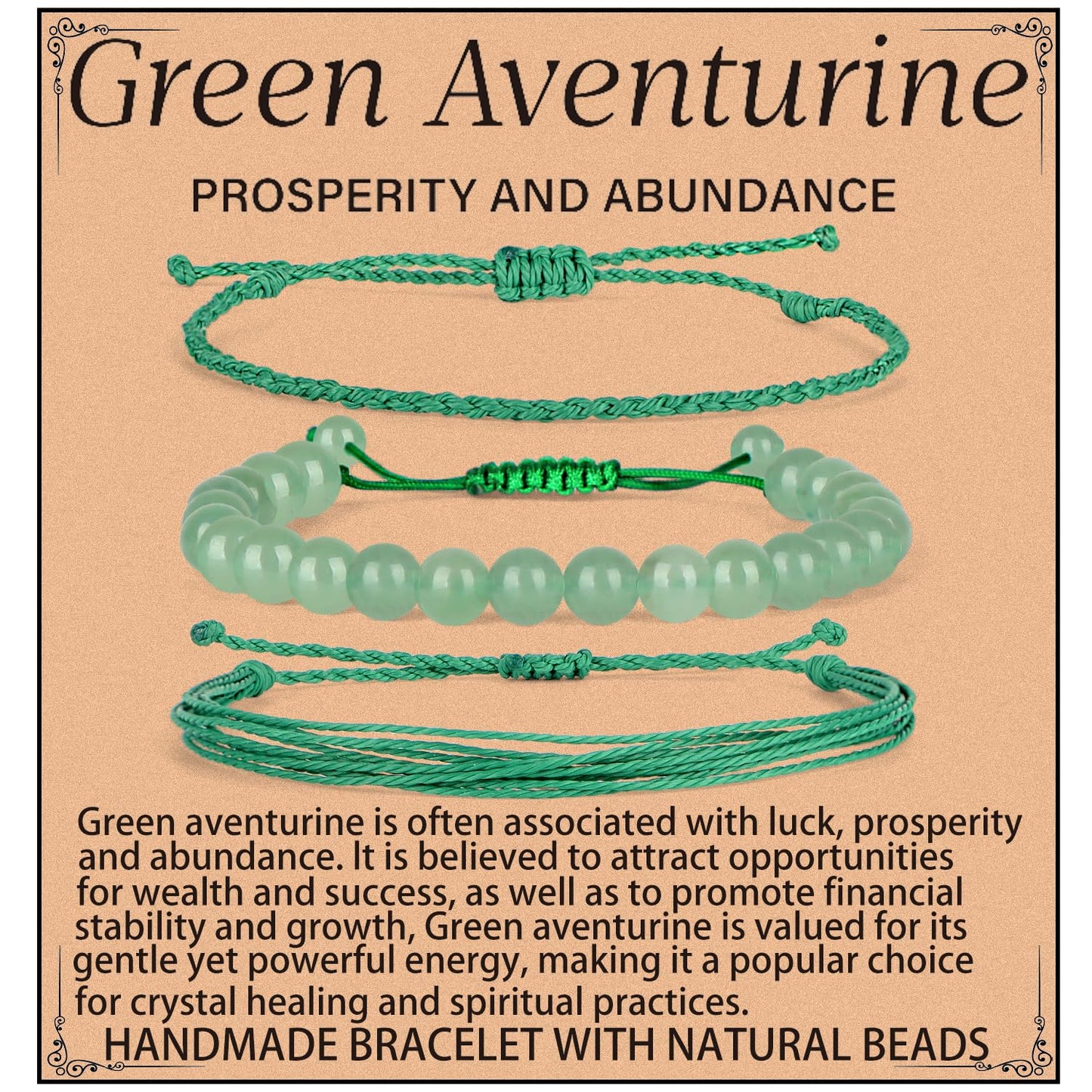 QOGIR Handmade Healing Stones Bracelet,8mm Natural Green Aventurine Gemstone Beads Bracelet,for Men Women Gifts with 2PCS Size Adjustable Rope Bracelets