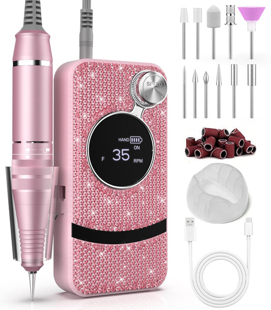 Professional Electric Cordless Nail Drill File with 11 Nail Drill Bits, 35000RPM DIY Glitter e Filer for Nails Kit Machine for Acrylic Nails Gel Polishing for Manicure Salon Home