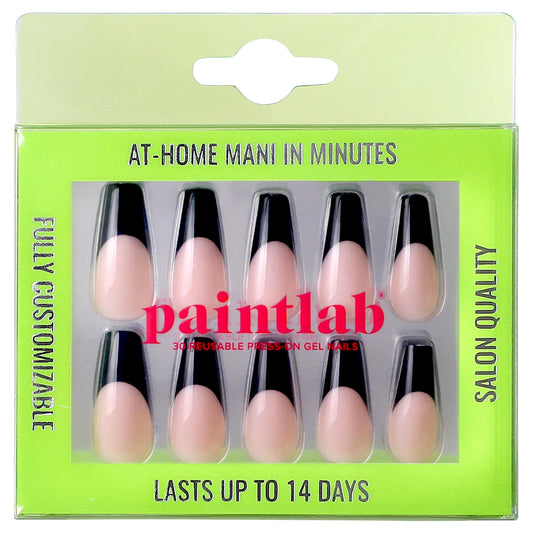 PaintLab Press On Nails - Black Swan French Coffin Fake Nails, 30 Nails in 15 Sizes with Glue, Reusable Salon Quality Press On Nails