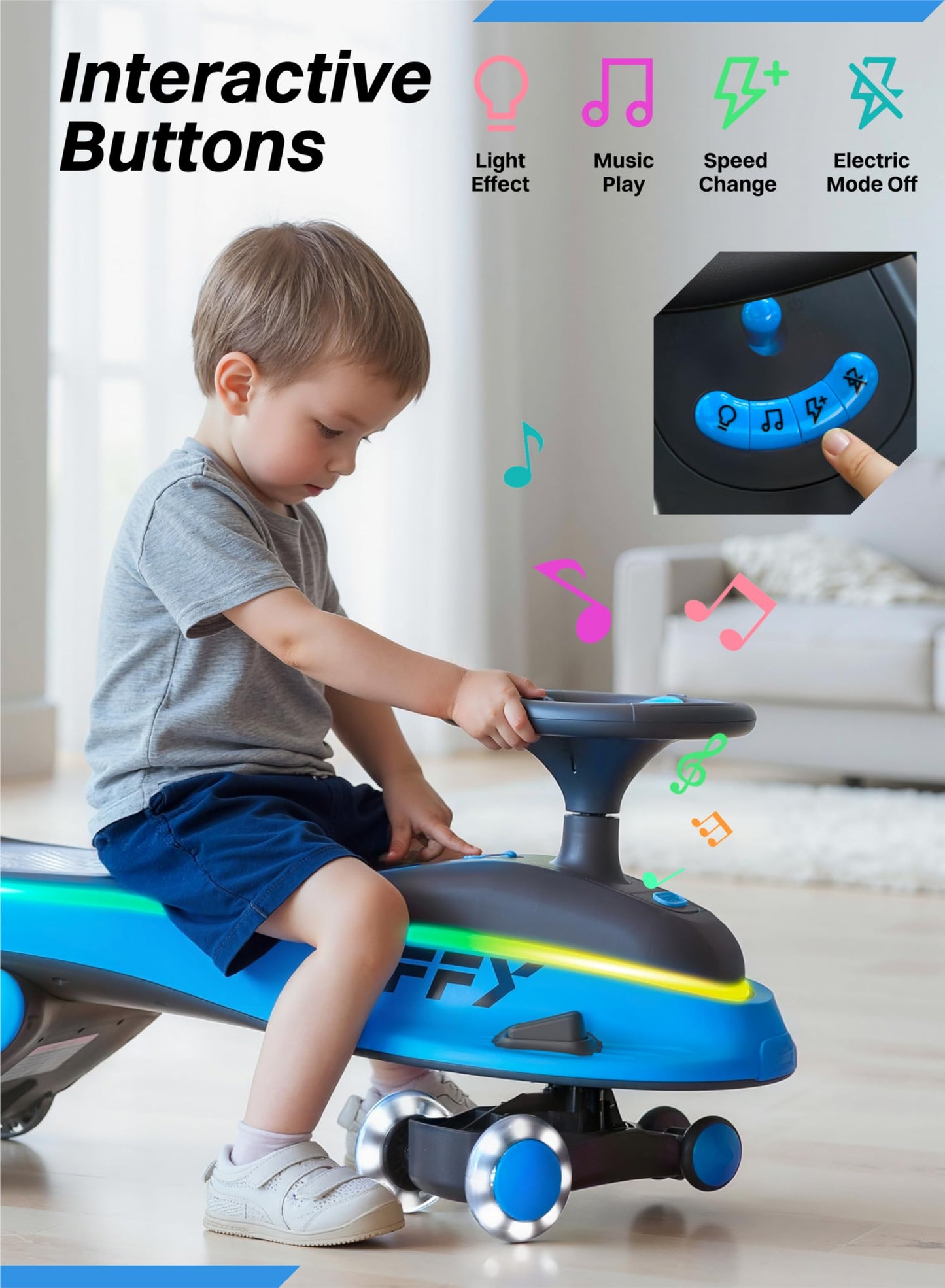 JOVA ZIFFY 45W 5.5A Light-Up Electric Wiggle Car with Pedal, Rechargeable Battery, 2-in-1 Swing Car, 2 Speed Ride-On Toy, Anti-Rollover, Flashing Wheels for Ages 3+ (Up to 110 lbs)
