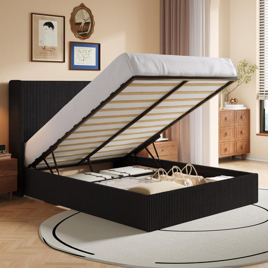 SHA CERLIN Queen Size Lift Up Storage Bed Frame, Modern Upholstered Wingback Headboard, Hydraulic Support & Underneath Storage, Soft Corduroy Fabric Platform Bed, No Box Spring Needed, Black