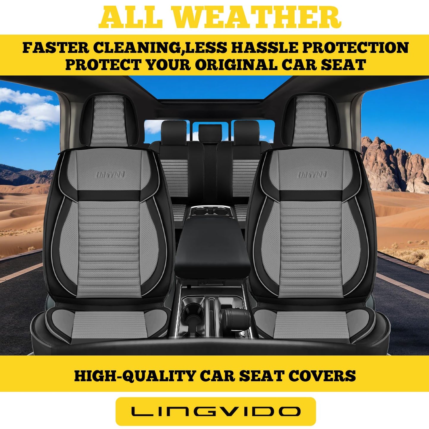 LINGVIDO Car Seat Covers, Breathable and Waterproof Faux Leather Automotive Seat Covers for Cars SUV Truck Sedan,Universal Anti-Slip Driver Seat Cover with Backrest (Full Set, Gray+Black)