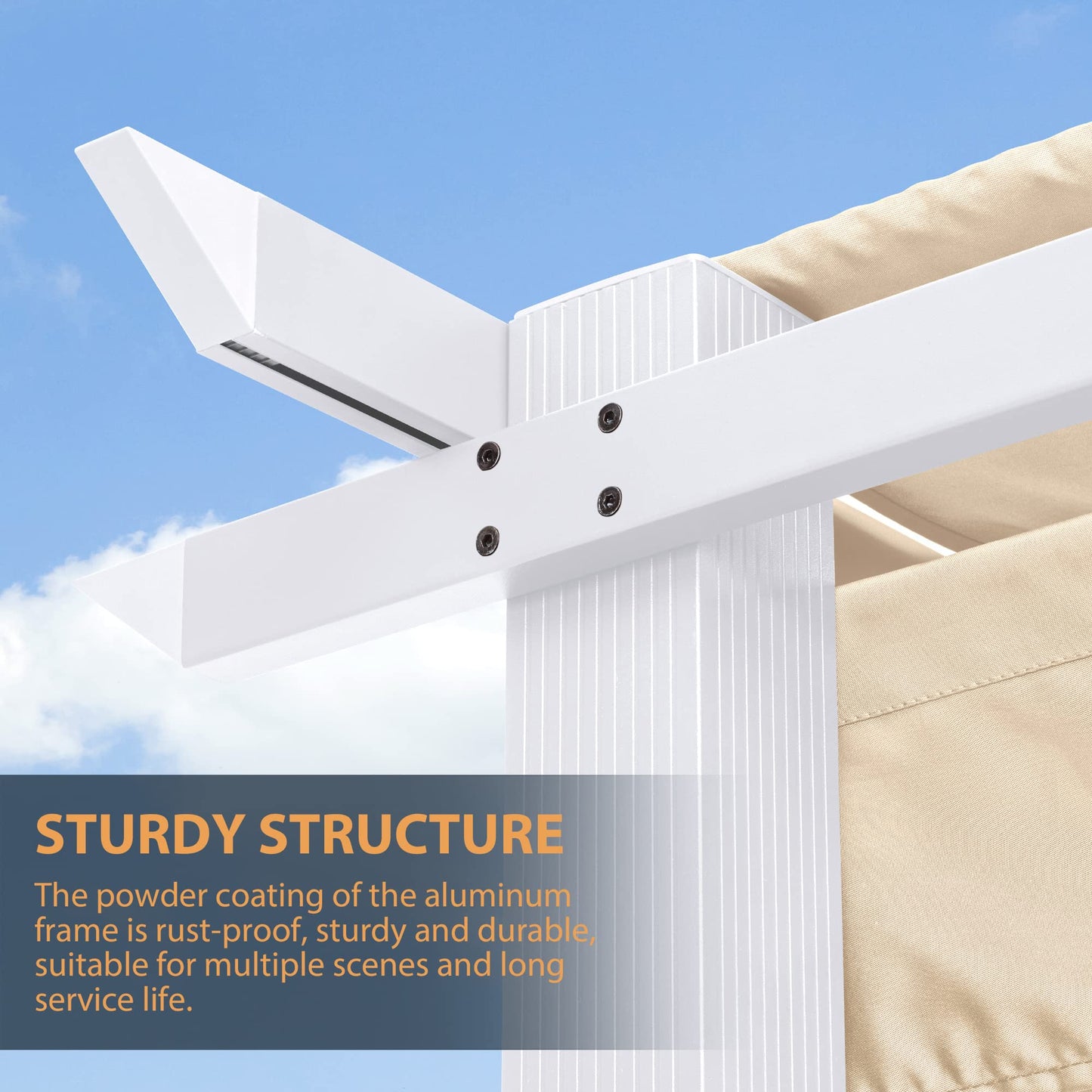 HAPPATIO 10' X 13' Outdoor Retractable Pergola Canopy with White Frame for Backyards, Gardens, Patio Pergola with Sun Shade Canopy (Beige)