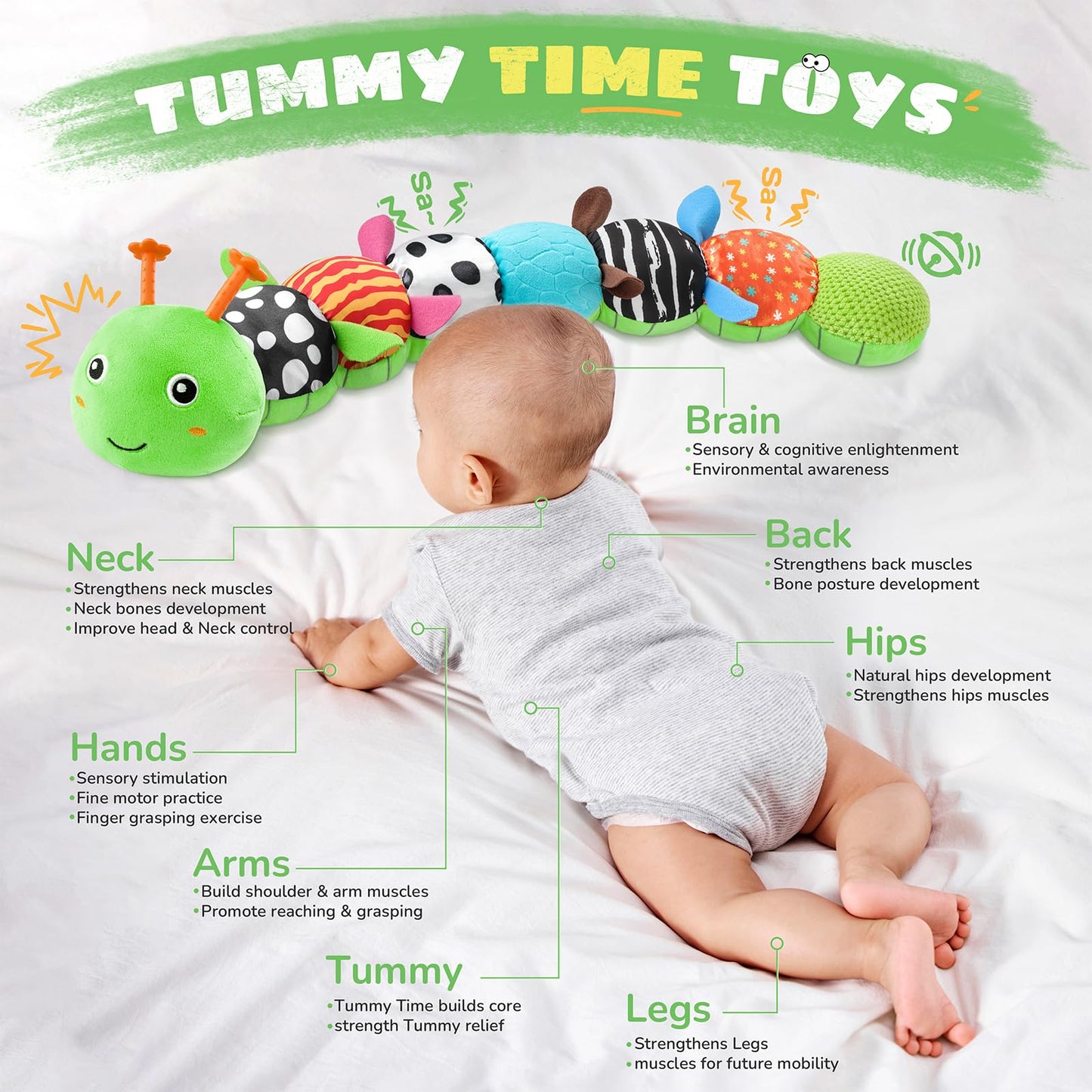 AWOTOY Baby Toys 6-12 Months Music Caterpillar,Stuffed Animals Infant Toys 0-3-6 Months,Baby Sensory Toys Tummy Time with Crinkle Rattle Teething Toys Boys Girls Gifts Birthday Easter Basket Stuffer
