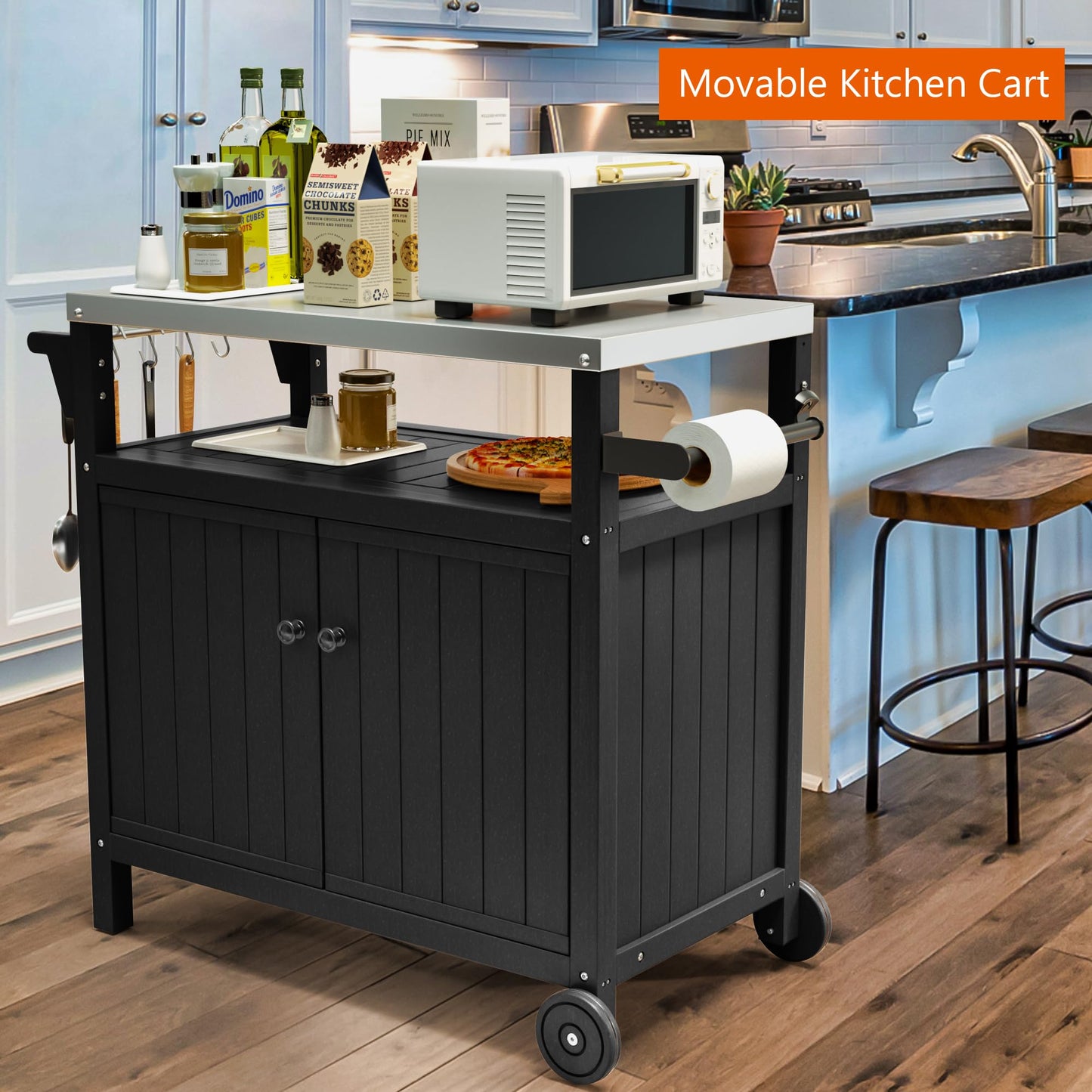 TORVA Portable Outdoor Grill Prep Table with Storage, Waterproof Outdoor Grill Cabinet, Stainless-Steel Tabletop Outdoor Kitchen Island, BBQ Cart with Wheels, Hooks and Side Shelf | Black