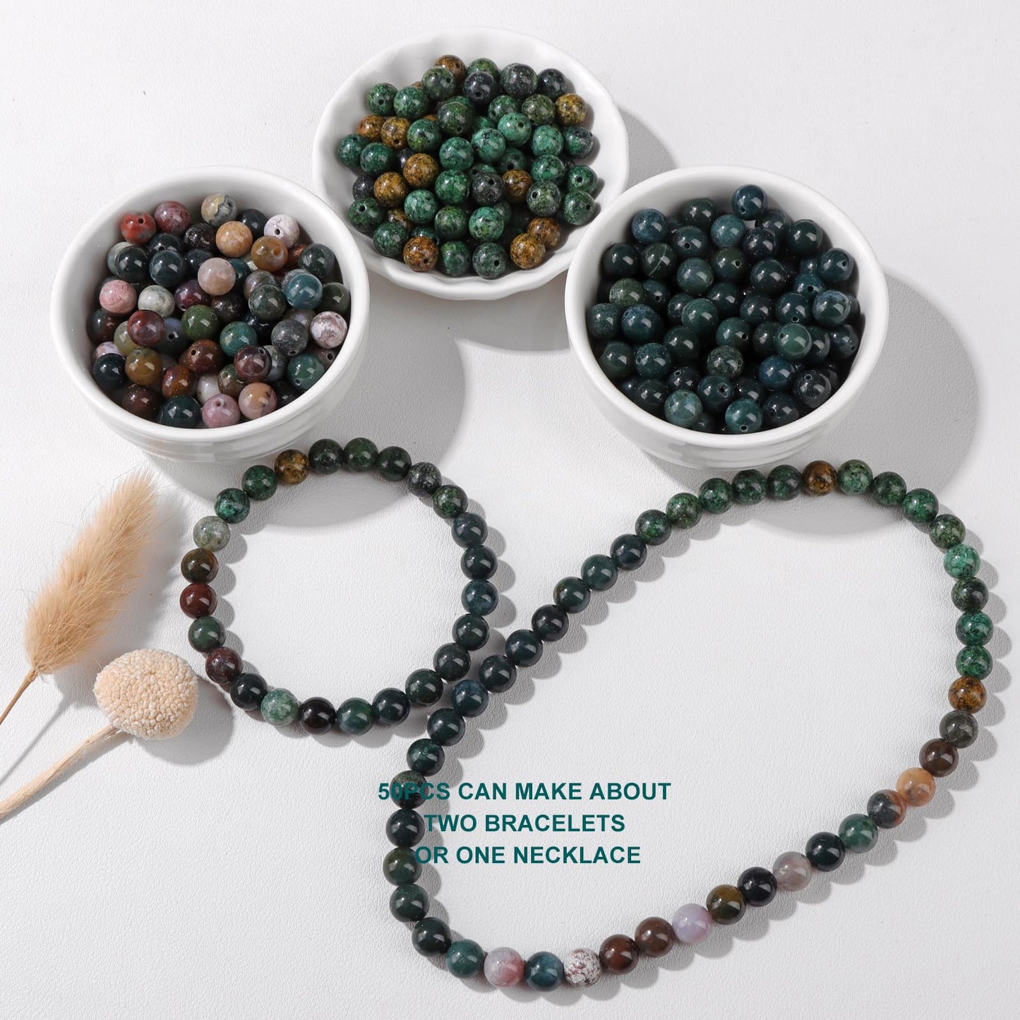 Risyfjew 50PCS 8mm Natural Indian Agate Beads Gemstone Round Loose Beads for Jewelry Making Chakra Crystal Stone Beads for Bracelets Necklace Earrings Making Supplies (50pcs/Strand)