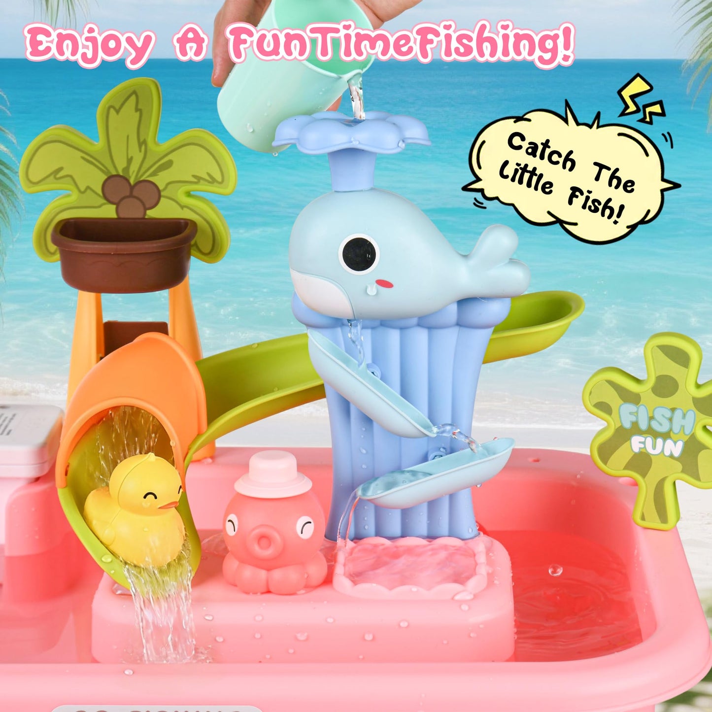 AZTWMYS Upgraded Toddler Sand Water Table Toy with Electric Water Pump, Kids Sand Water with Faucet/Play Food Accessories/Fishing Toy, Kitchen Play Sink Toys for Girl Boy Age 3+ (Pink)