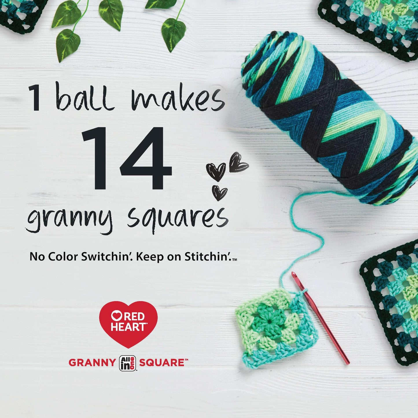 Red Heart All in One Granny Square Aran - Lily PAD Yarn - 3 Pack of 250g/8.8oz - 100% Acrylic - #4 Worsted (Medium) - 381m/417Yards - for Knitting, Crochet and Amigurumi