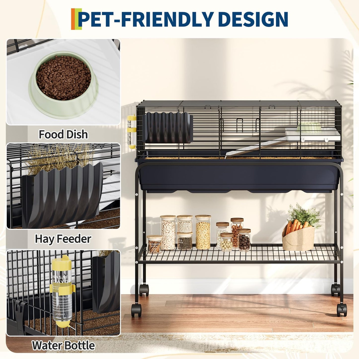 GarveeLife 3Pcs Guinea Pig Cage Kit, Hamster Cage with Storage Shelf, Rolling Rabbit Cage with Fooder, Water Bottle, Hay Feeder, Perfect for Hamster, Chinchilla, Gerbil, Hedgehog,