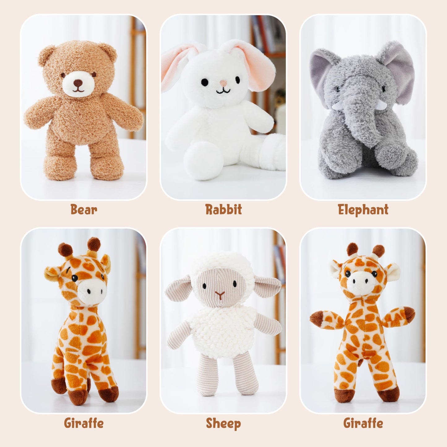 AmyToo 6 Pcs Stuffed Animals Bulk, 8 Inch Small Stuffed Safari Animals, Zoo Stuffed Animals Set (Sheep Elephants Bear Giraffe Bunny) Baby Shower Party Decor, Easter Gift for Classroom Kids, Girls