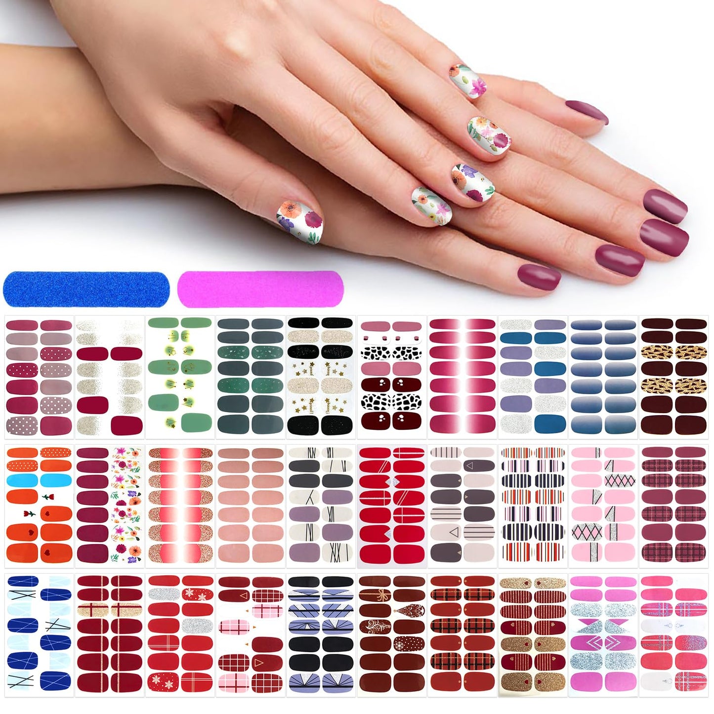 DANNEASY 30 Sheets Solid Color Nail Wraps Glitter Nail Polish Stickers Self Adhesive Nail Stickers Nail Polish Strips for Women Girl Nail Accessories with Nail File