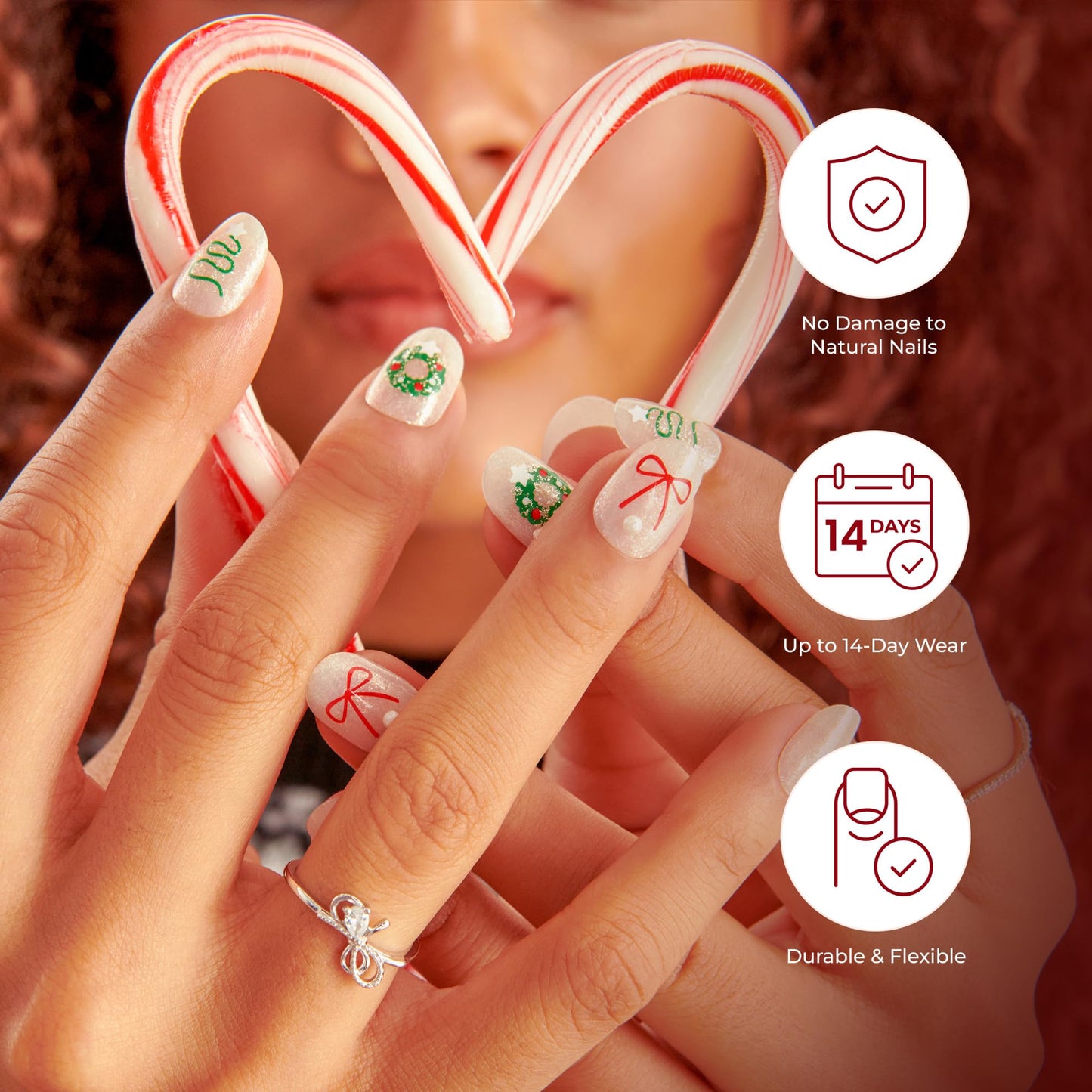 KISS Voguish Fantasy Holiday Press On Nails Almond, ‘Sleigh All’, Nude, Medium Length, No Damage To Natural Nails, Pink Gel Nail Glue (2g), Mini Nail File, Manicure Stick, & 28 Fake Nails