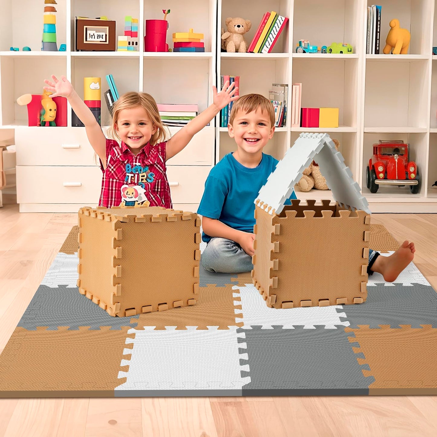 16 Tiles Baby Play Mat for Floor, EVA Foam Baby Floor Play Mat with 0.6 Inch Thick Interlocking Foam Tiles, Foam Floor Tiles for Baby, Toddlers and Kids (Brown-Gray-White, 16PCS)