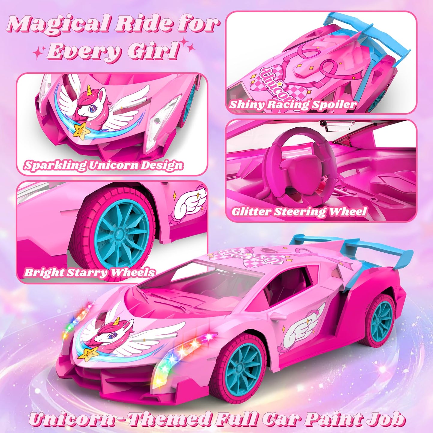Unicorn RC Car for Girls, Rainbow Glow & Drift Wing Remote Control Car,2.4GHz RC Cars 1:18 Scale,Kids Toys Age 3 4 5 6 7 8 9 10 11 12,Girls Birthday Gifts,Valentines Day Gifts for Kids 3-12 Year Old