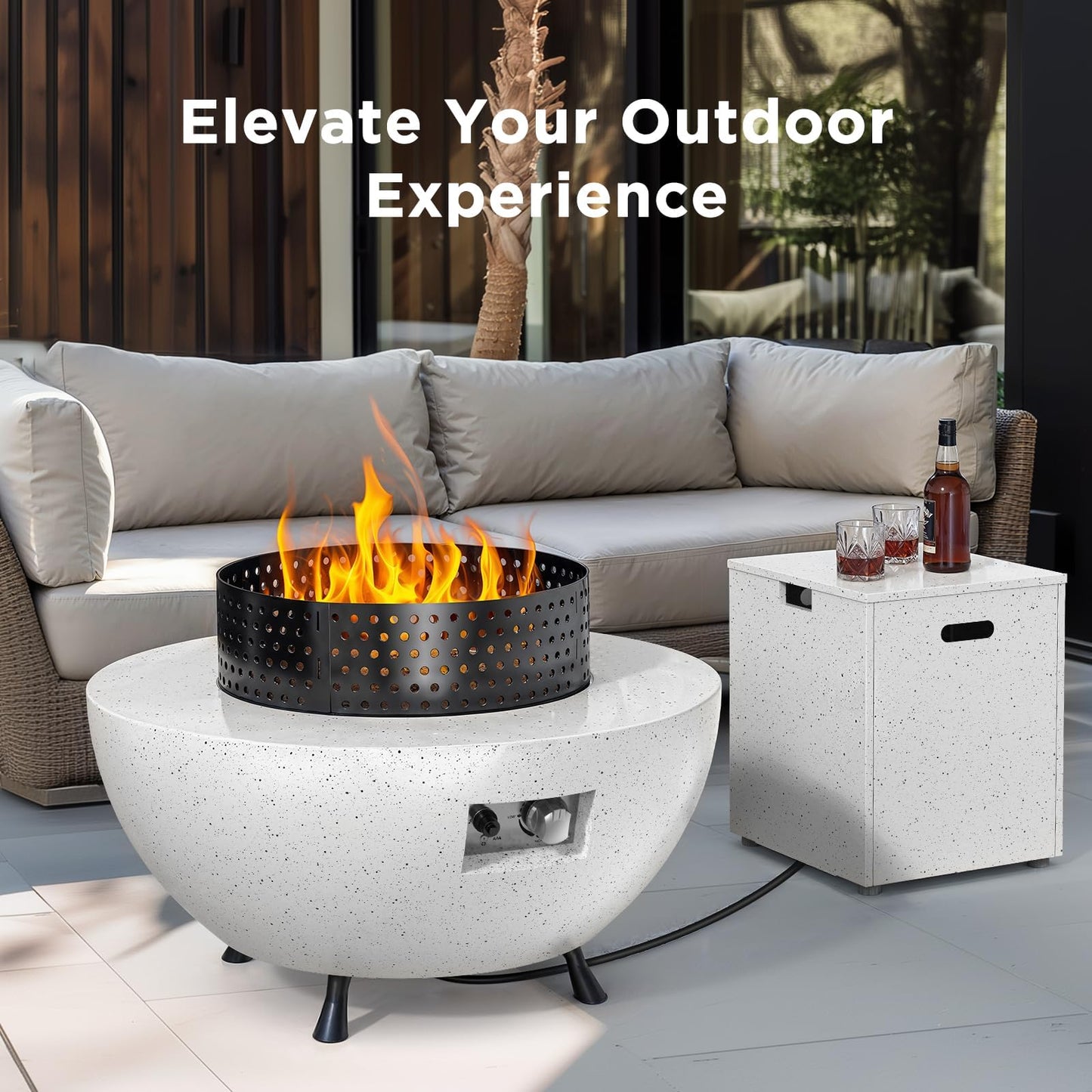 Silonn 29″ Propane Fire Pit Table with Windproof Guard, 50000 BTU Fire Pit Table, CSA-Certified, Outdoor fire Table with Durable Terrazzo Coating/Lava Rocks/4 Stable Adjustable Legs, Garden, White