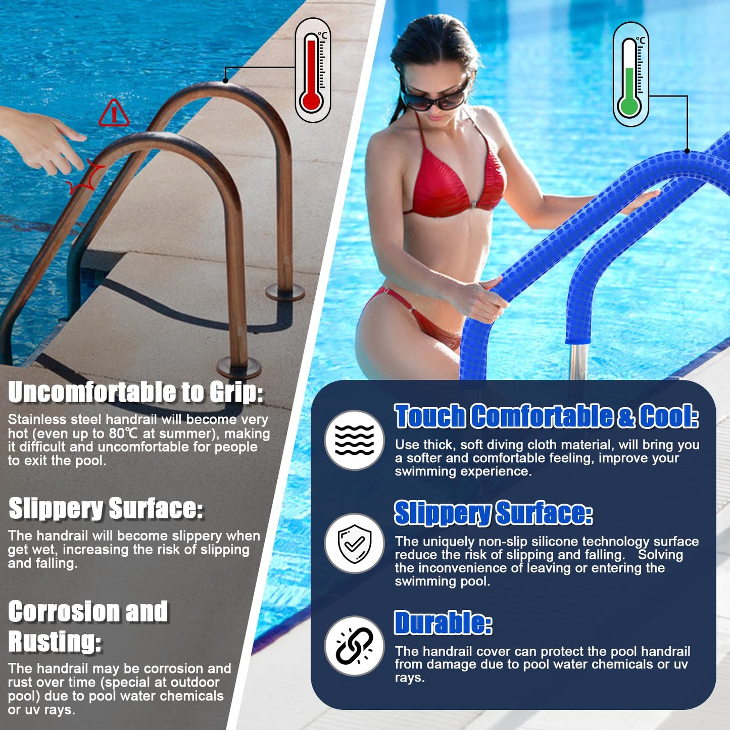 Pool Handrail Covers with Zippers 4 6 8 10 Ft Inground Swimming Pools Hand Rail Cover, Anti-Slip Cool Touch Heat Resistant, Blue, Non Slip Swim Pool Railing Ladder Stair Handle Grip (6 Feet 2 Pcs)