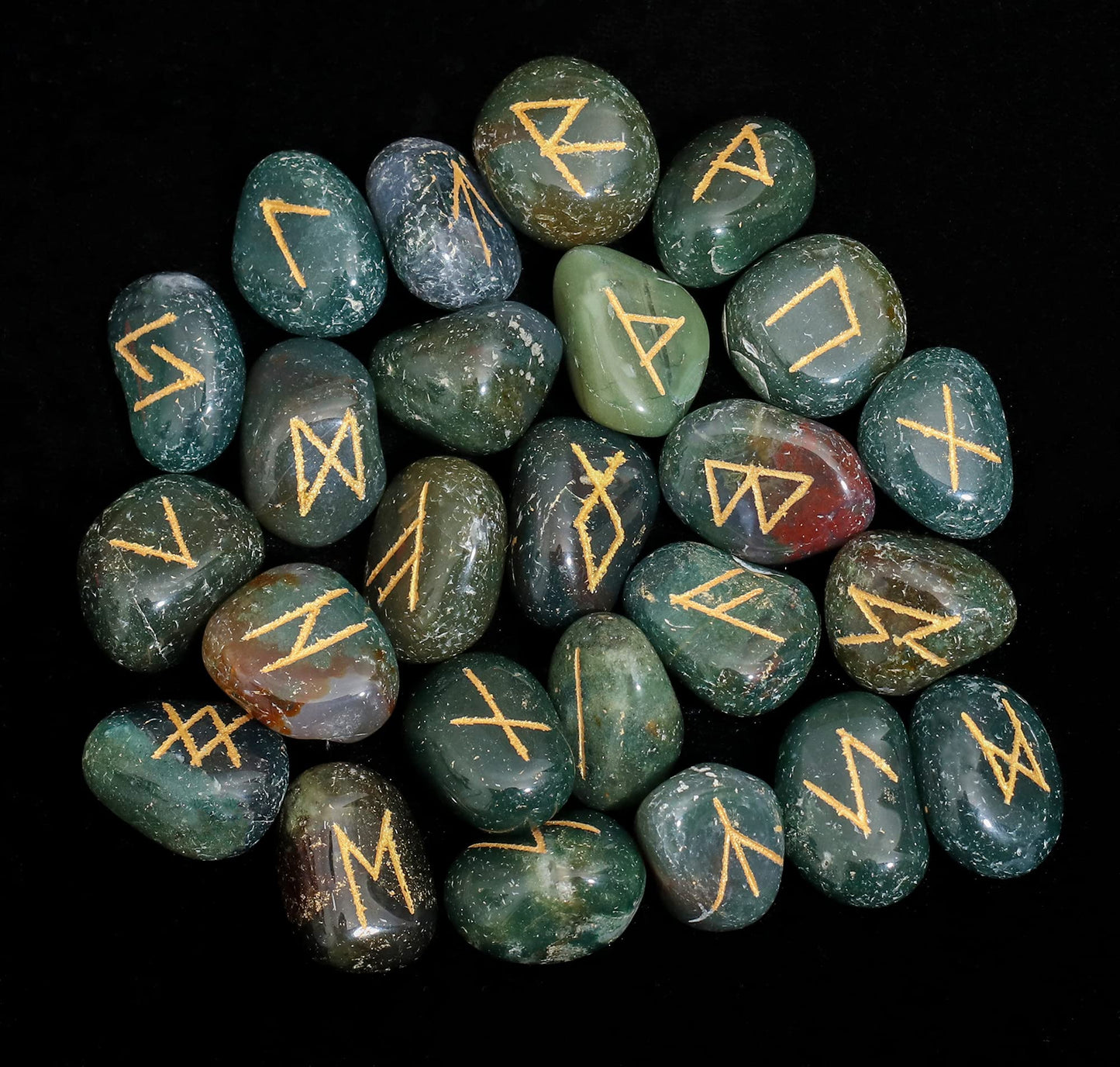 Crocon Green Bloodstone Rune Stones Set Engraved with Elder futhark Crystal Runes Set, Reiki Healing runas for Meditation Chakra Balancing Rune Stone for Beginners with Crystal Guide & Pouch 15-20 mm