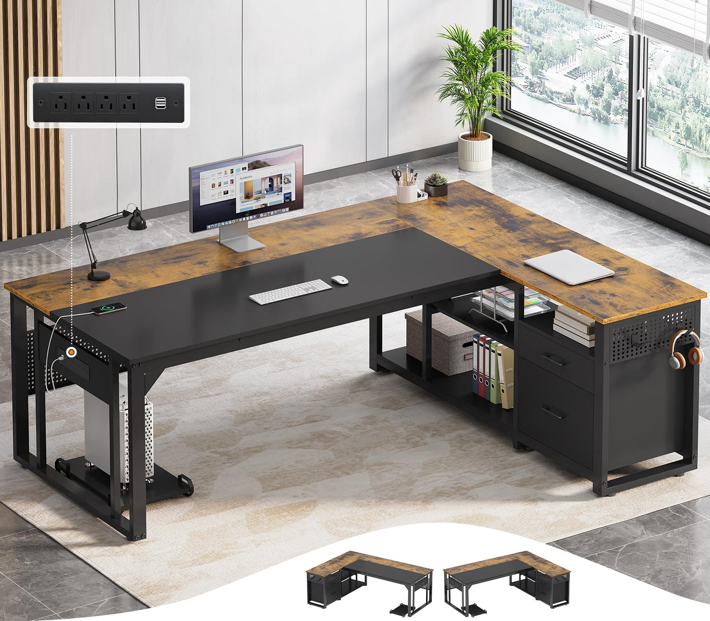 UPOSOJA 71 in Executive Desk with Power Outlets, Reversible L Shaped Desk with File Drawers & Storage Shelves, Large Office Desk Computer Desk with Pegboard, Mobile CPU Stand, Modern Corner Desk