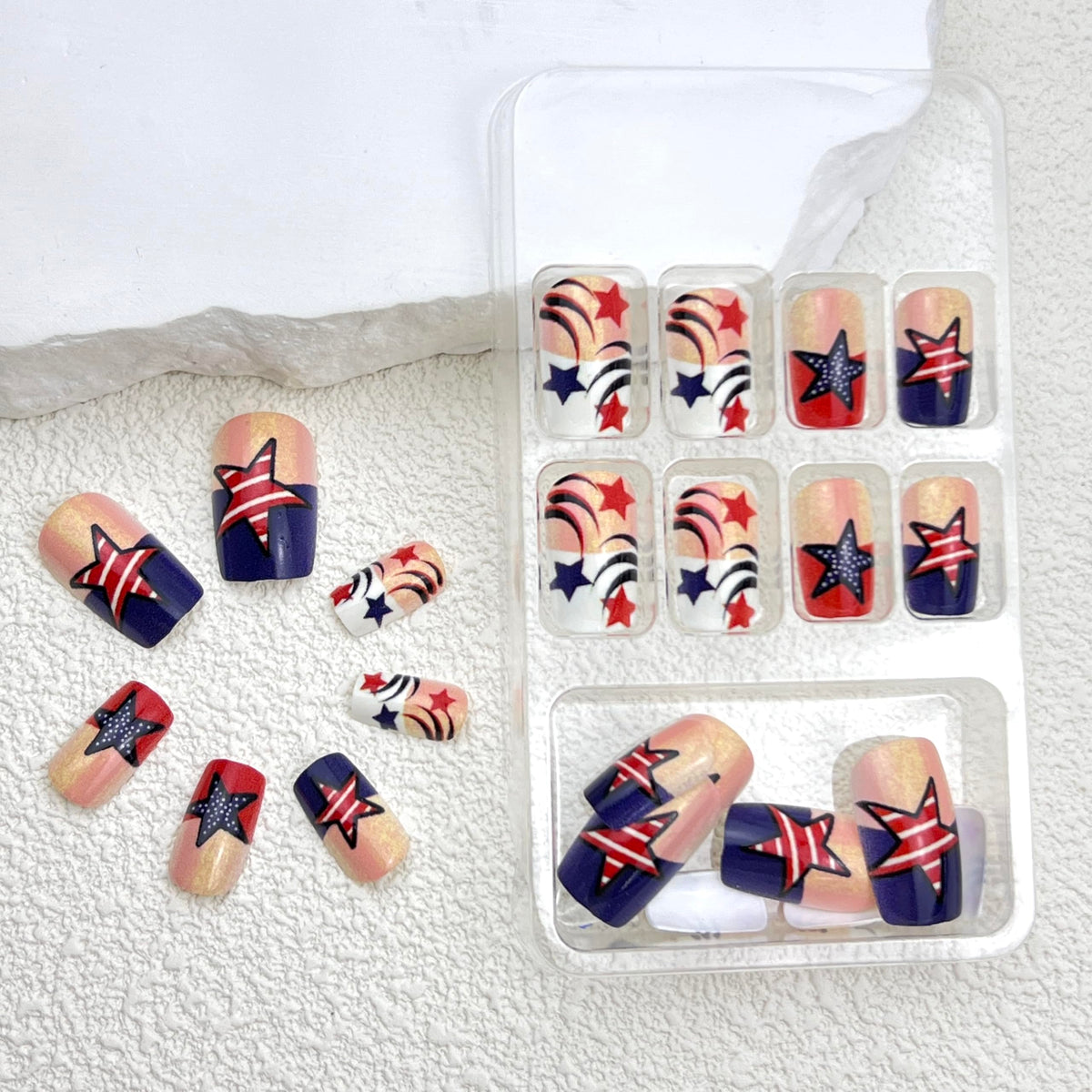 24Pcs 4th of July French Tips Press on Nails Short Square American Flag Star Designs Fake Nails Independence Day Fireworks Acrylic Stick on Nails for Women Girls DIY Manicure Decorations 24Pcs