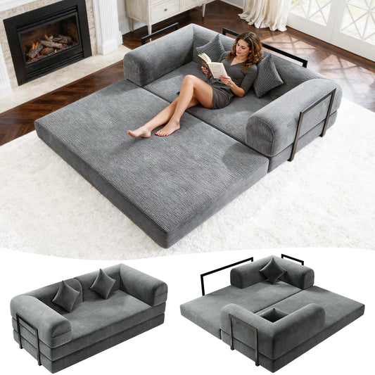 HipyMo 4-in-1 Folding Convertible Sofa Bed, 78 Inch Boneless Couch with Fixed-Shape Frame, Loveseat Sleeper with Pull Out Bed, Floor Sofa Modular Futon Couch for Living Room Bedroom Lounge (Gray)